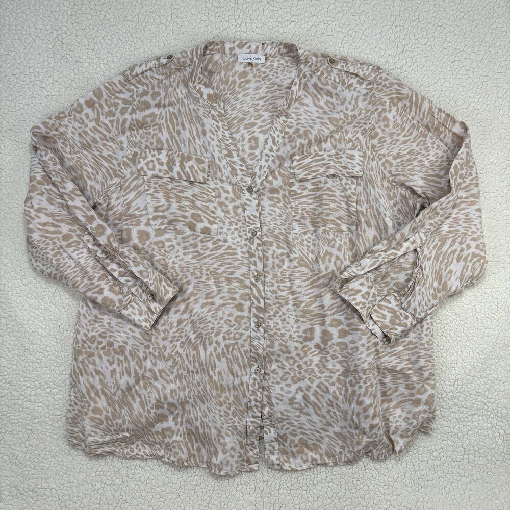 Calvin Klein 100% Linen Blouse Women 3X Button Long Sleeve Cheetah Leopard Beige